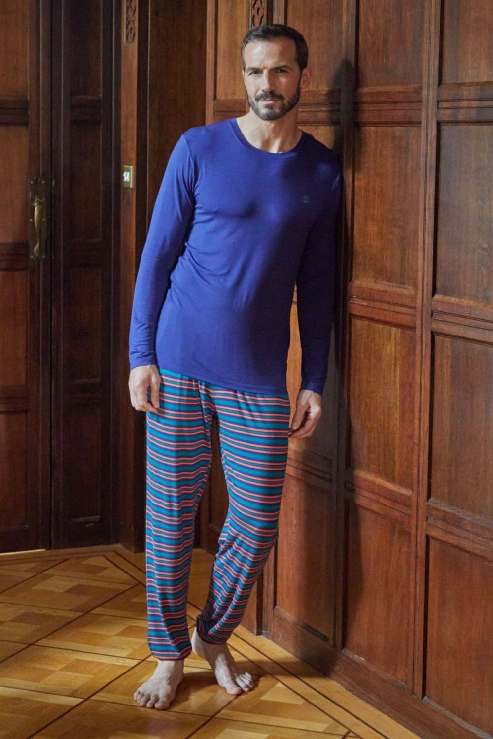 British Boxers British Boxers Men's "Orange Squash" Stripe Bamboo Pyjama Set in Blue - 2