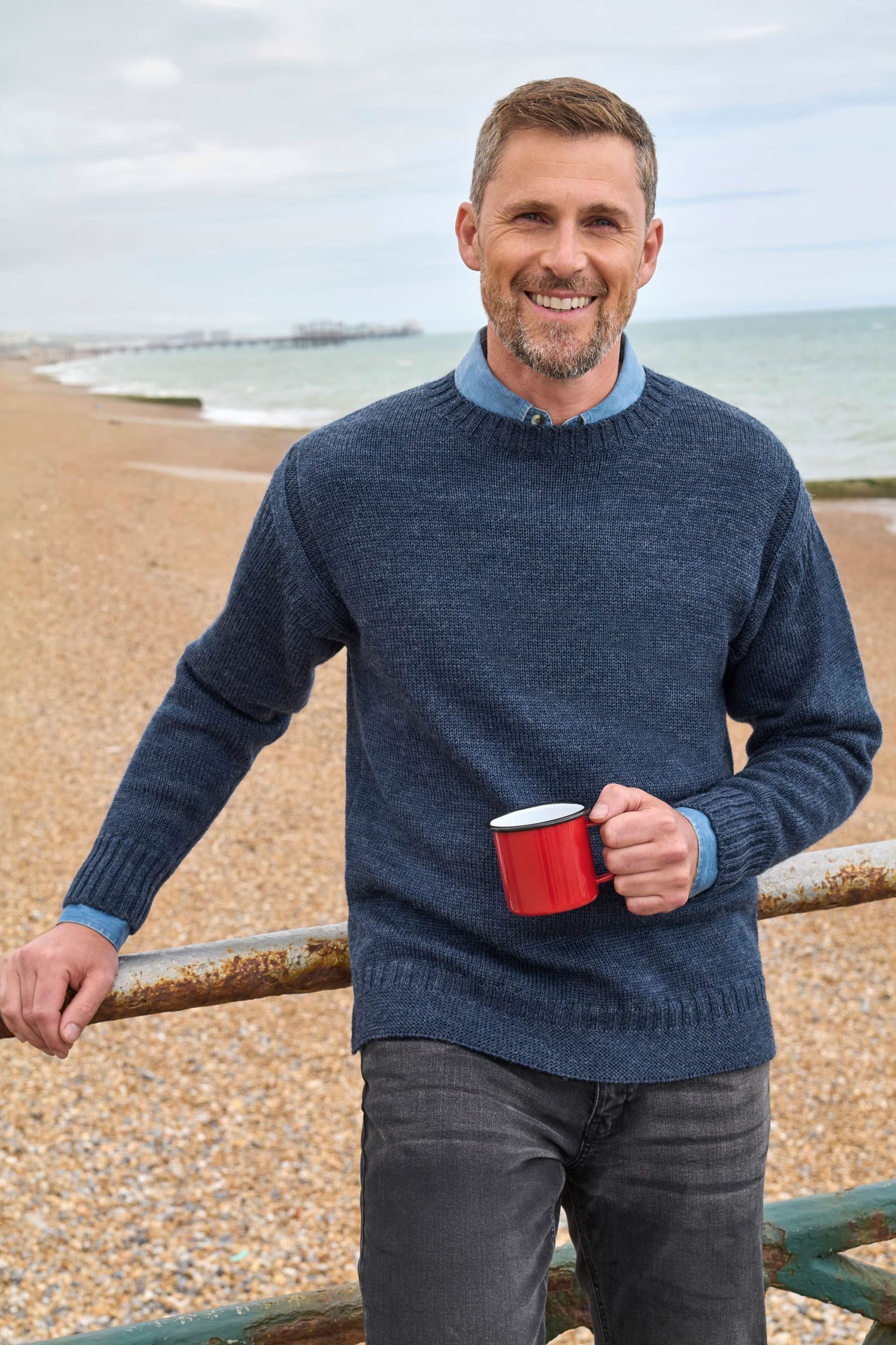 WoolOvers WoolOvers Men's Pure Wool Guernsey Jumper in Dark Blue