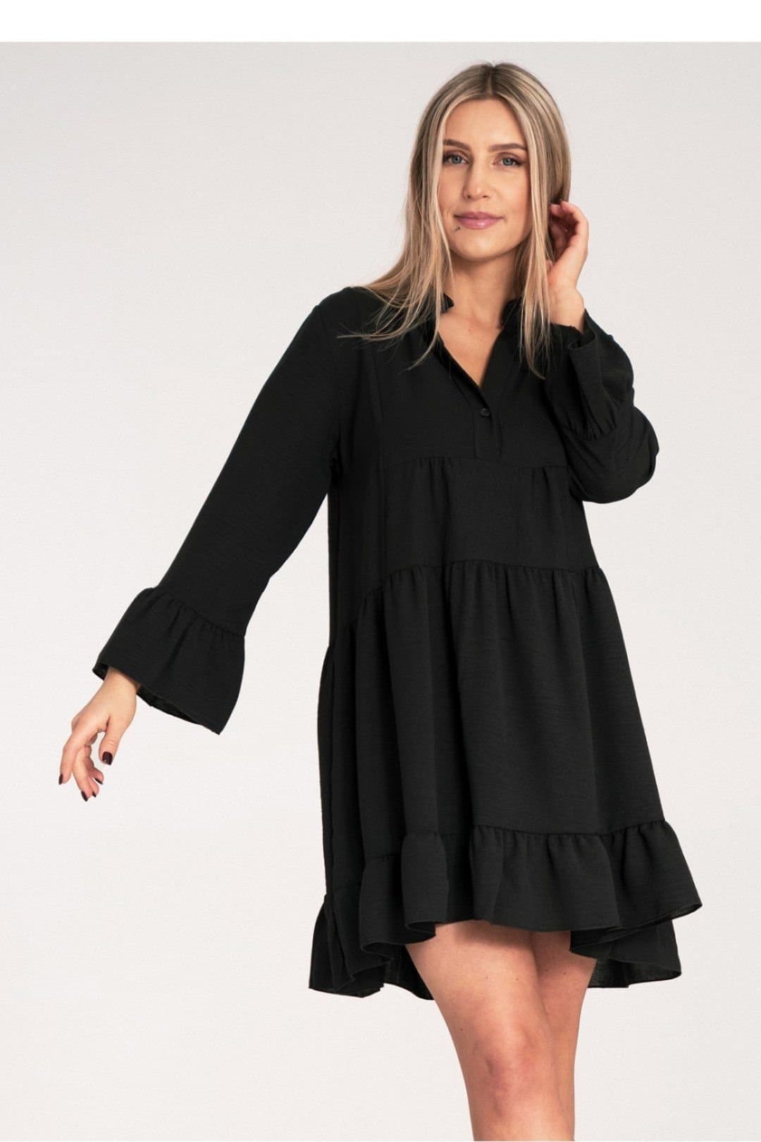 Love Lace Love Lace Women's Ruffle V Neck Loose Dress with Collar in Black