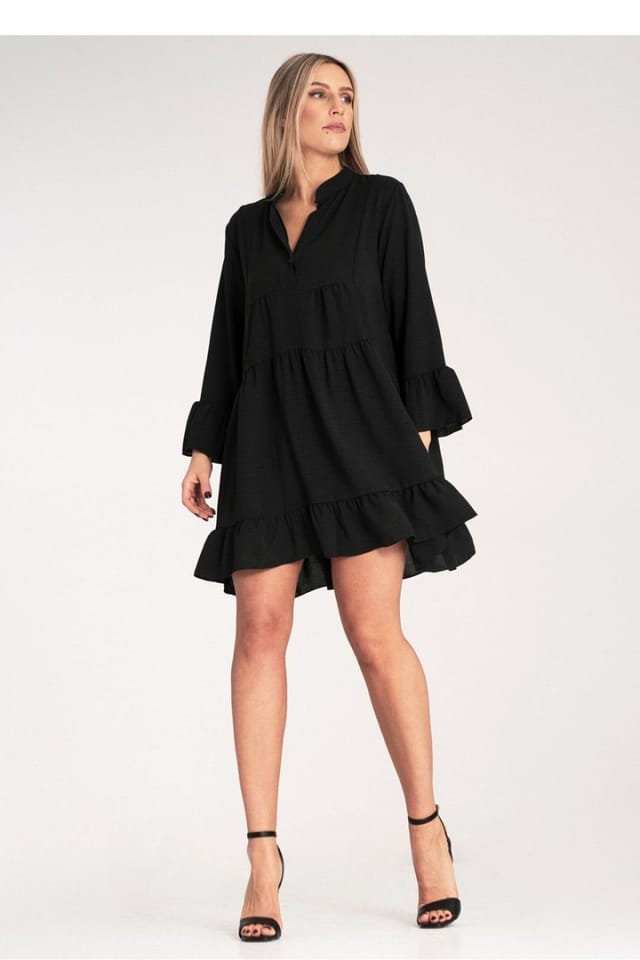 Love Lace Love Lace Women's Ruffle V Neck Loose Dress with Collar in Black - 2