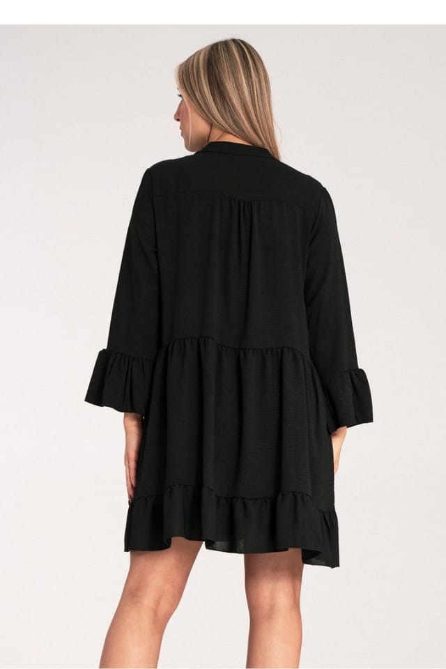 Love Lace Love Lace Women's Ruffle V Neck Loose Dress with Collar in Black - 3