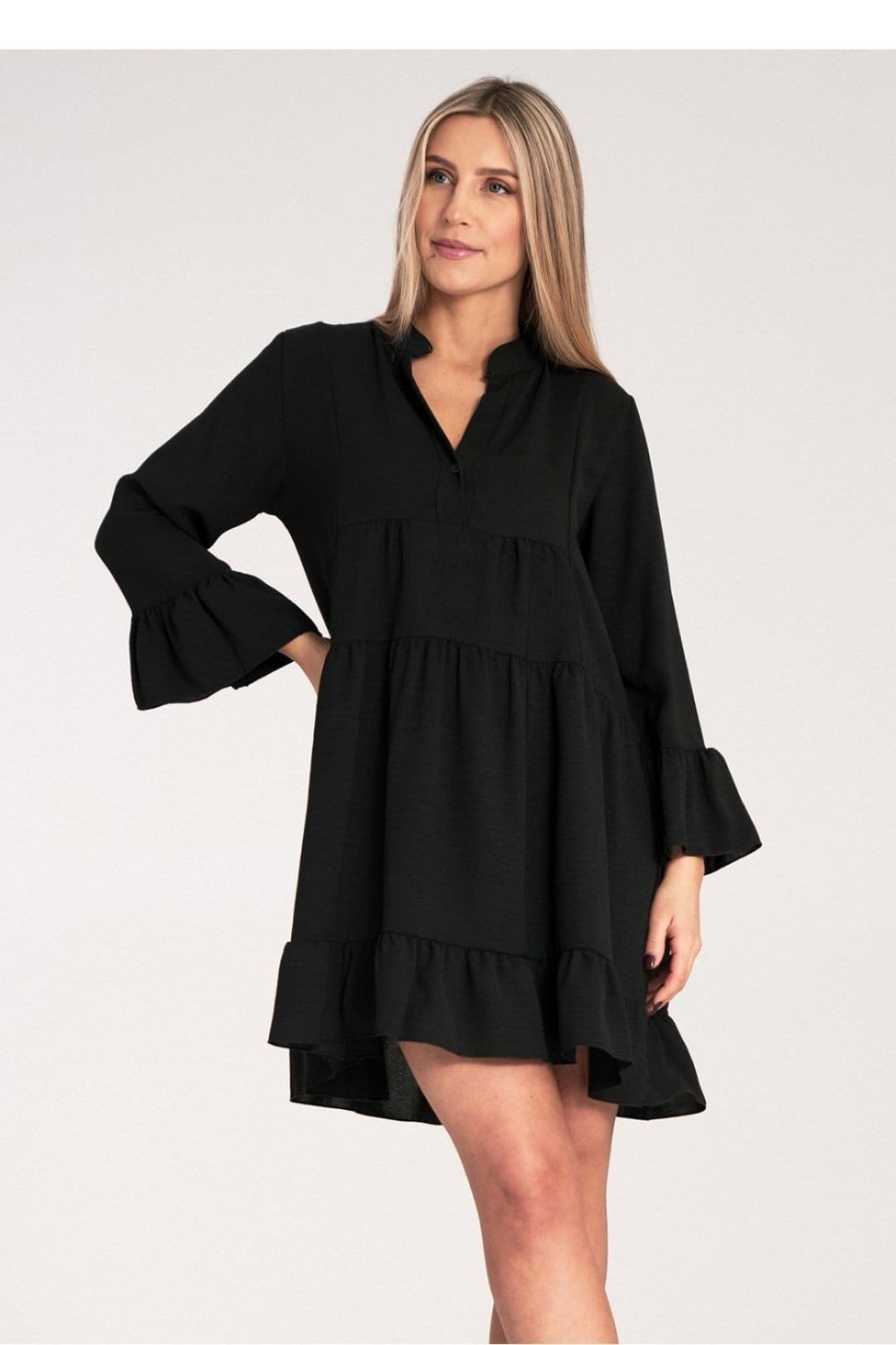 Love Lace Love Lace Women's Ruffle V Neck Loose Dress with Collar in Black - 4