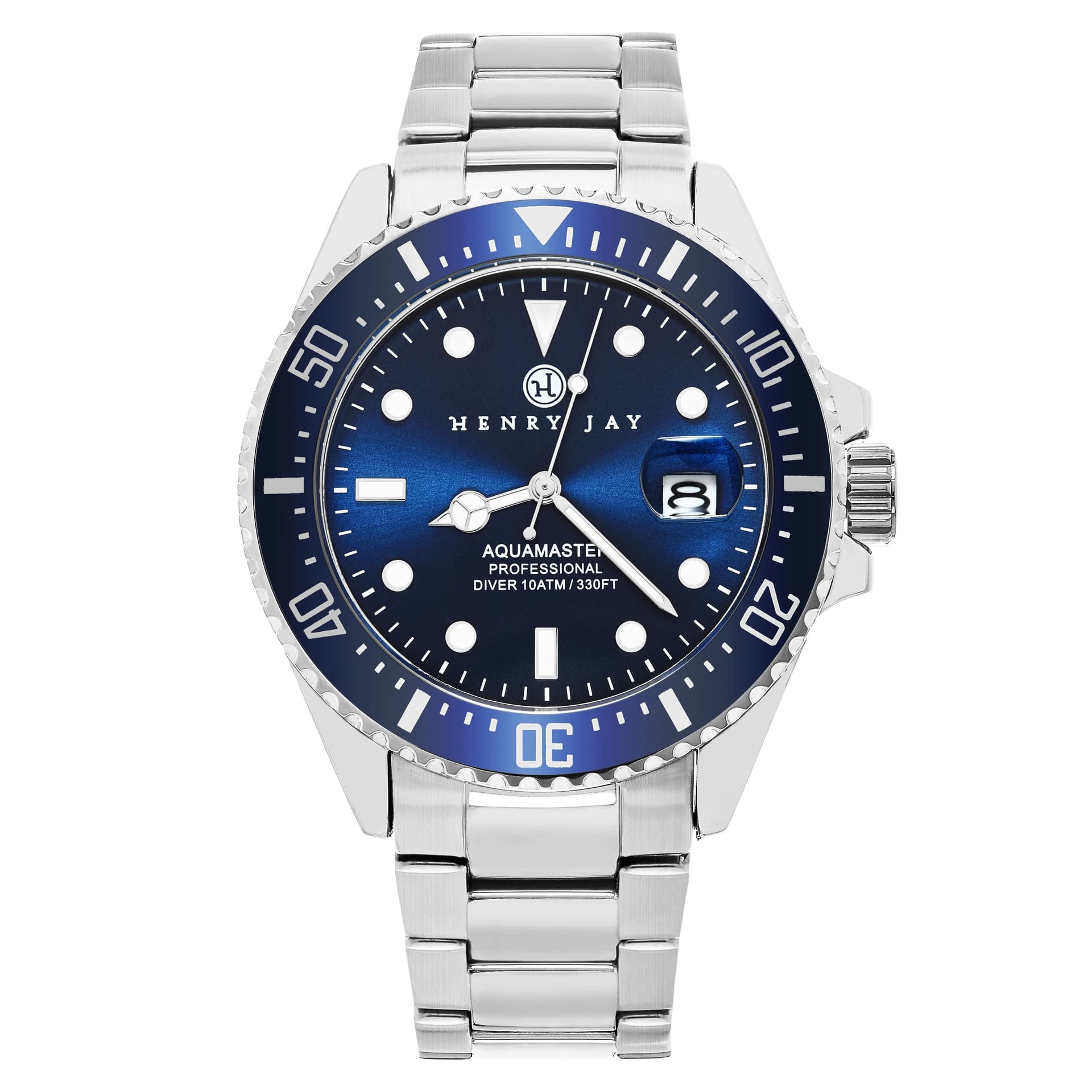 Henry Jay Henry Jay Men's Quartz Stainless Steel Specialty Aquamaster Professional Dive Watch in Silver