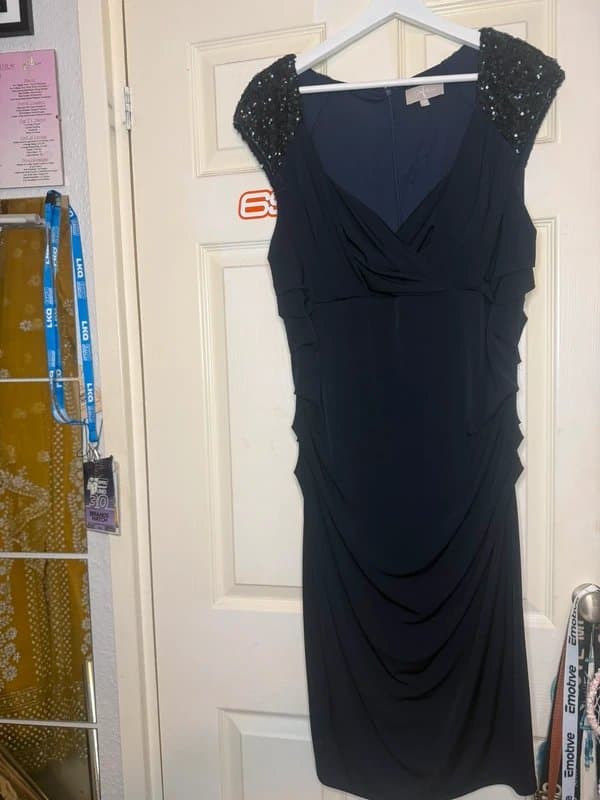 ADRES Navy Midi Dress with Sequin Shoulders | Elegant Occasion Dress | Size M