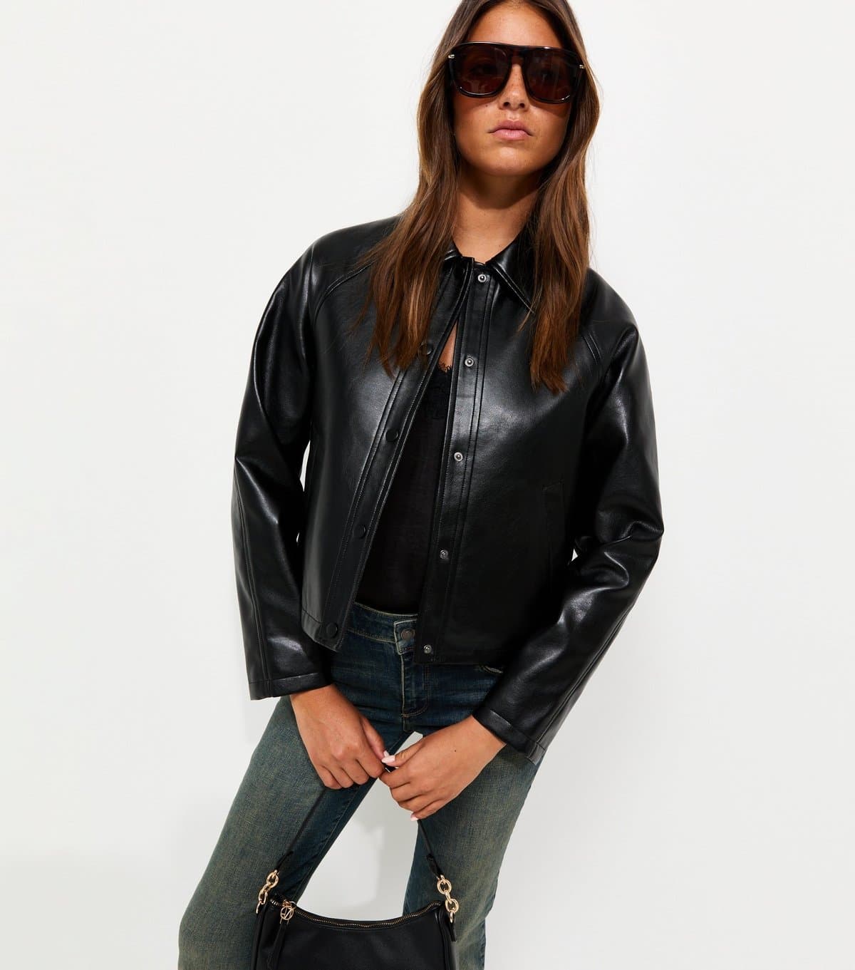 New Look Women's Black Faux Leather Collared Jacket New Look