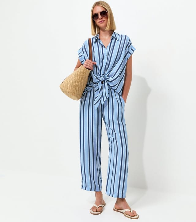New Look Women's Blue Striped Tie Front Short Sleeve Shirt New Look - 3