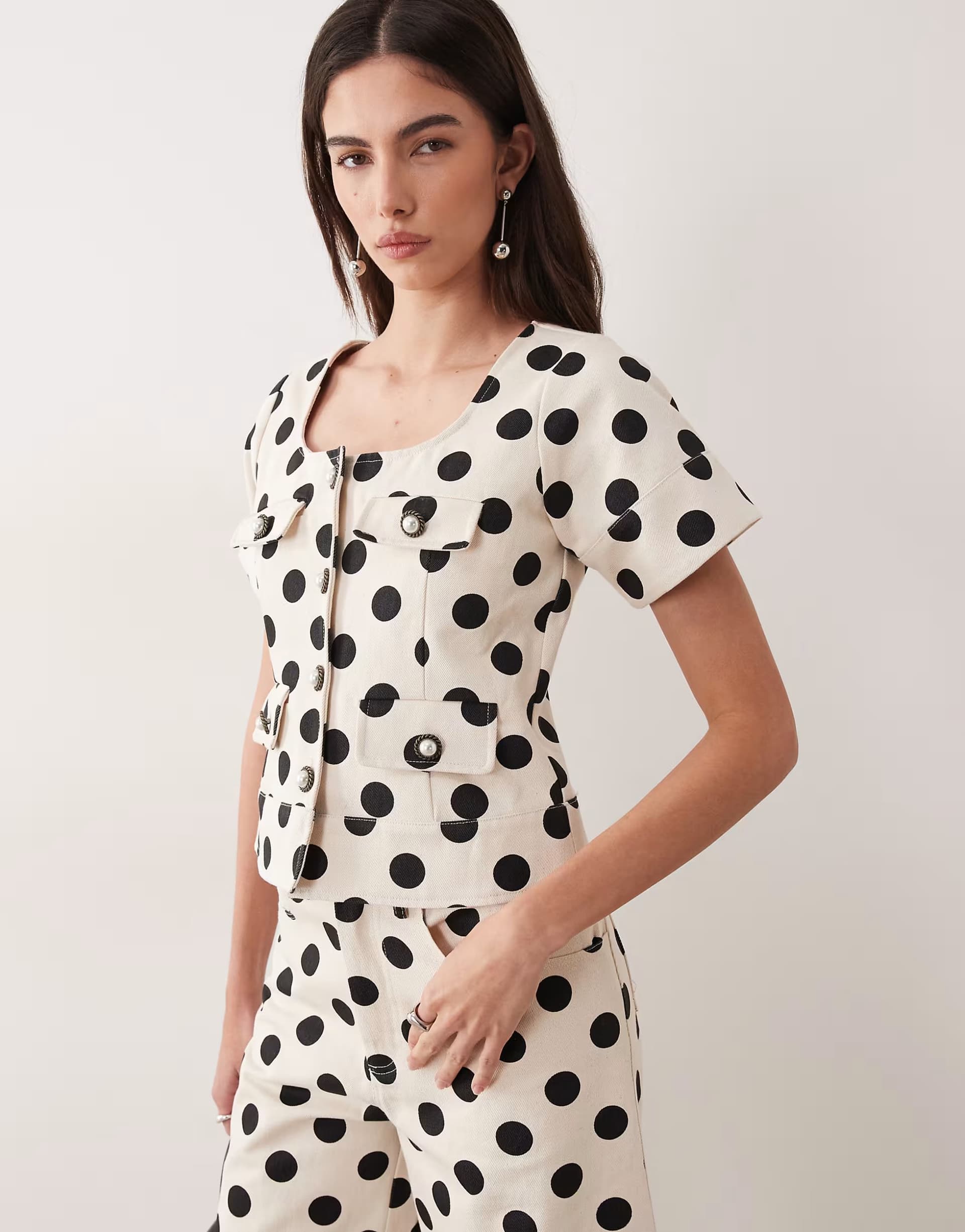 ASOS Sister Jane denim polka dot button up top co-ord in ivory