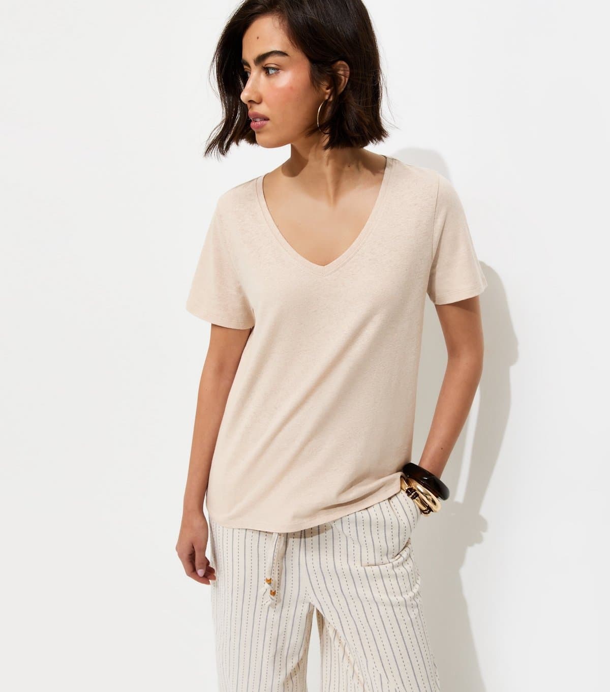 New Look Women's Premium Stone Linen Rich V Neck T-Shirt New Look