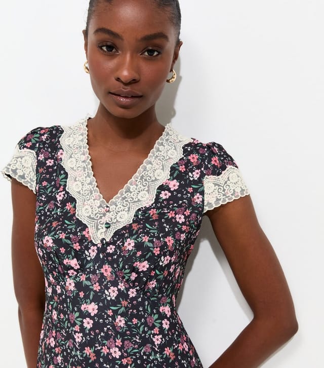 New Look Women's Black Ditsy Floral Lace Insert Tea Midi Dress New Look - 2