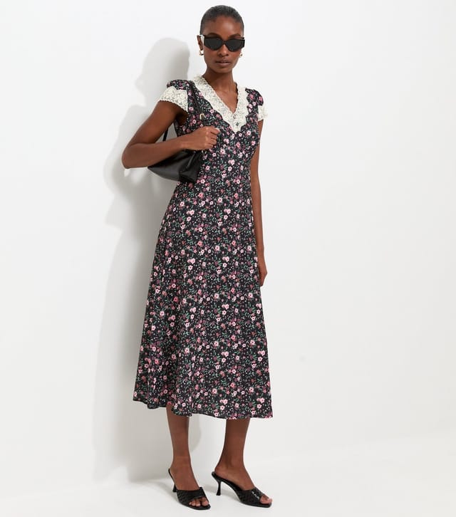 New Look Women's Black Ditsy Floral Lace Insert Tea Midi Dress New Look - 3