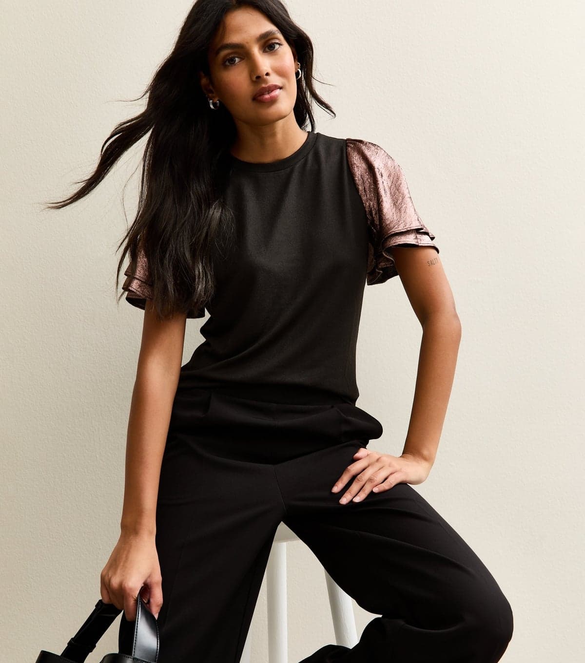 New Look Women's Mid Pink Soft Touch Metallic Flutter Sleeve Top New Look