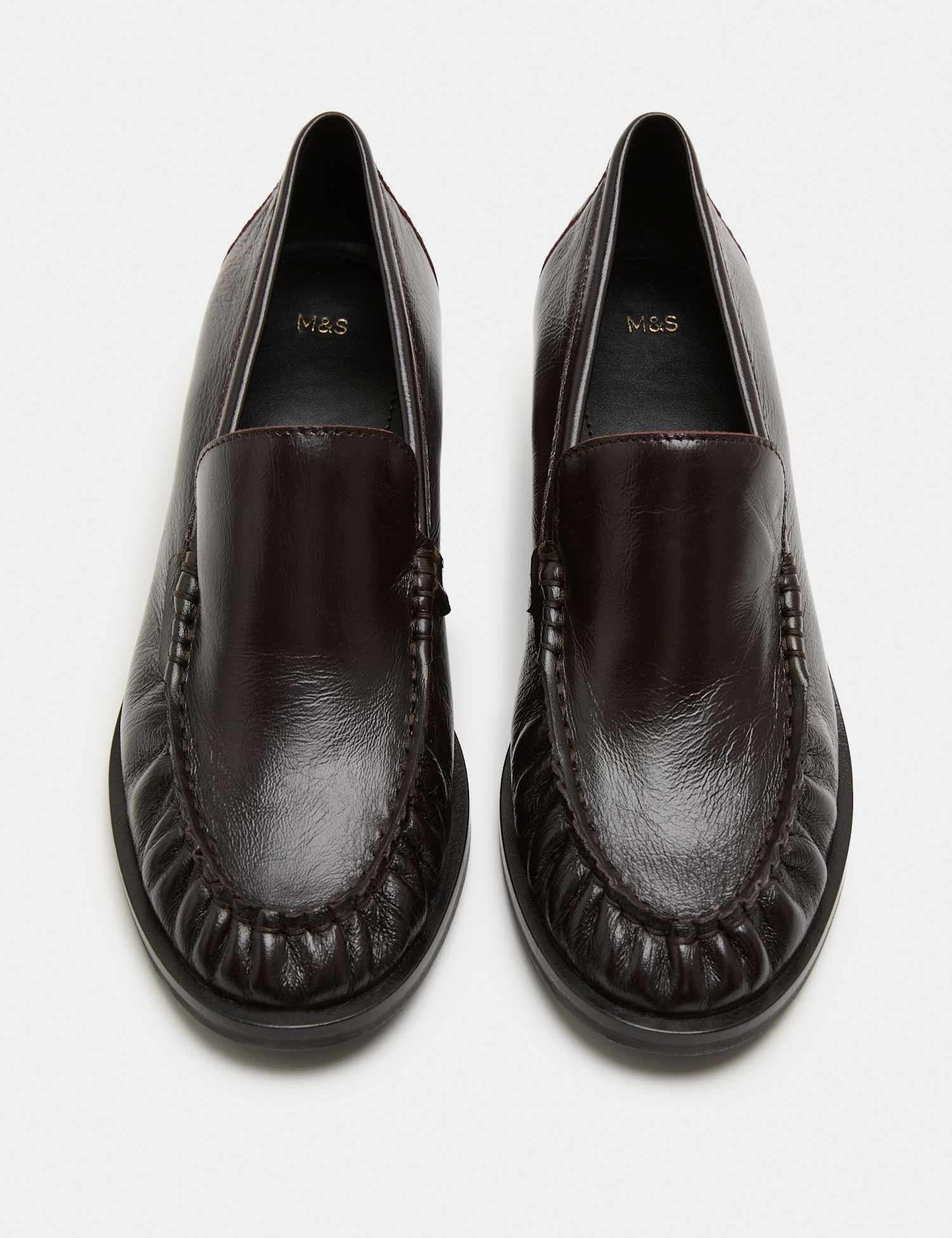 Marks & Spencer M&S Leather Ruched Block Heel Loafers Wine