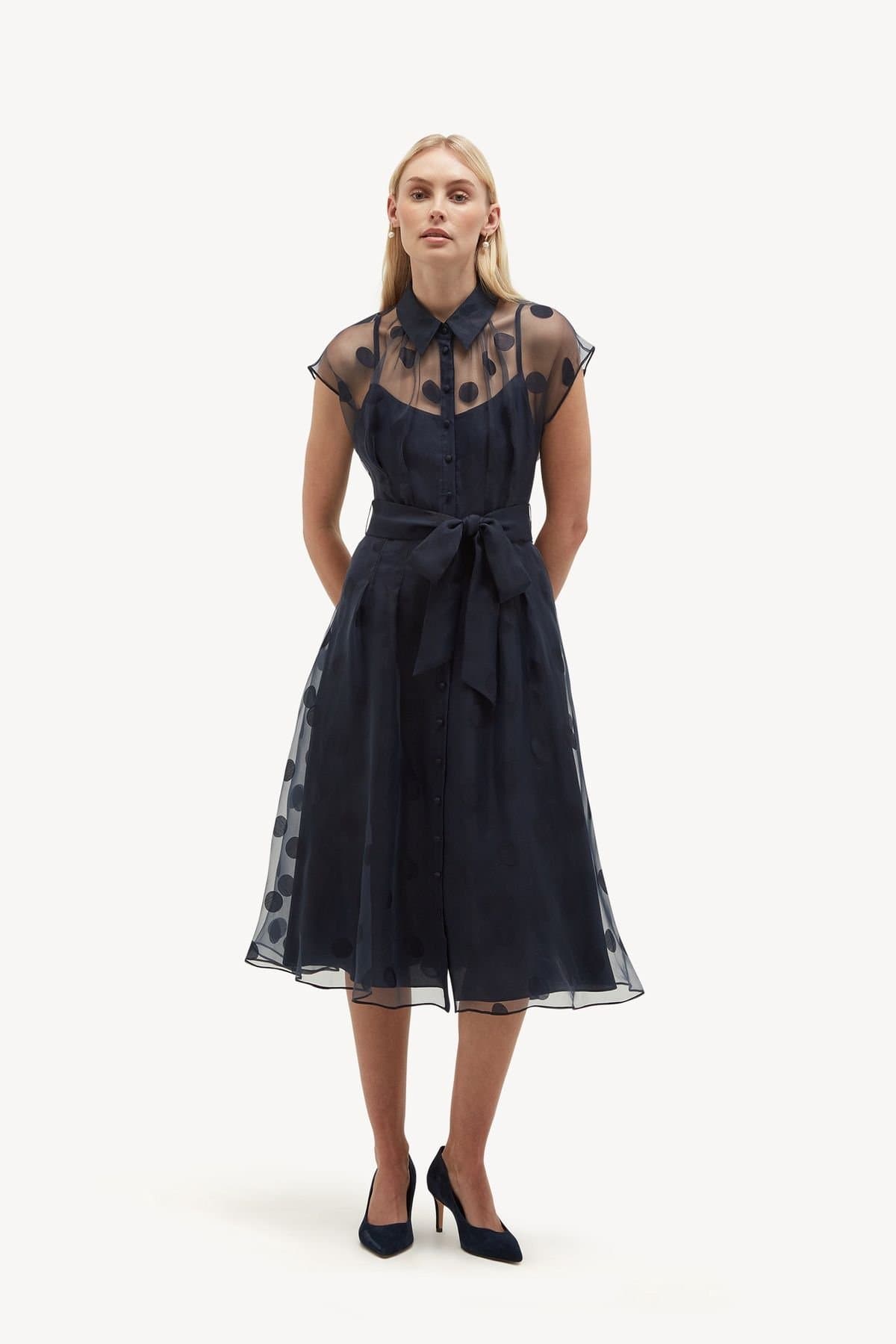 Hobbs London Hobbs London Women's Tess Sheer Polka Dot Shirt Dress in Dark Navy