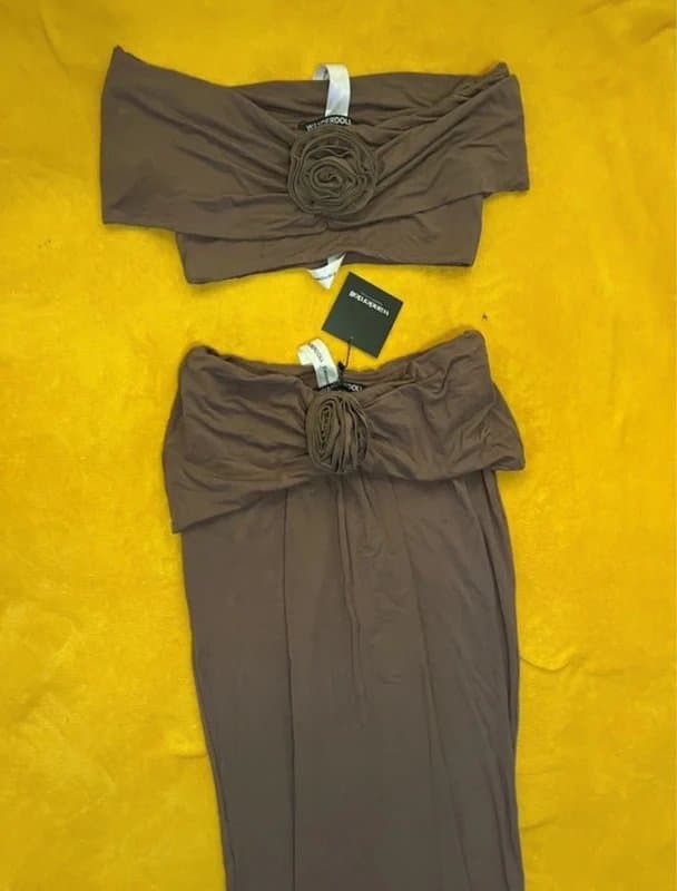 Wanderdoll Super cute Wanderdoll chocolate Bardot top and maxi skirt set with flower detail