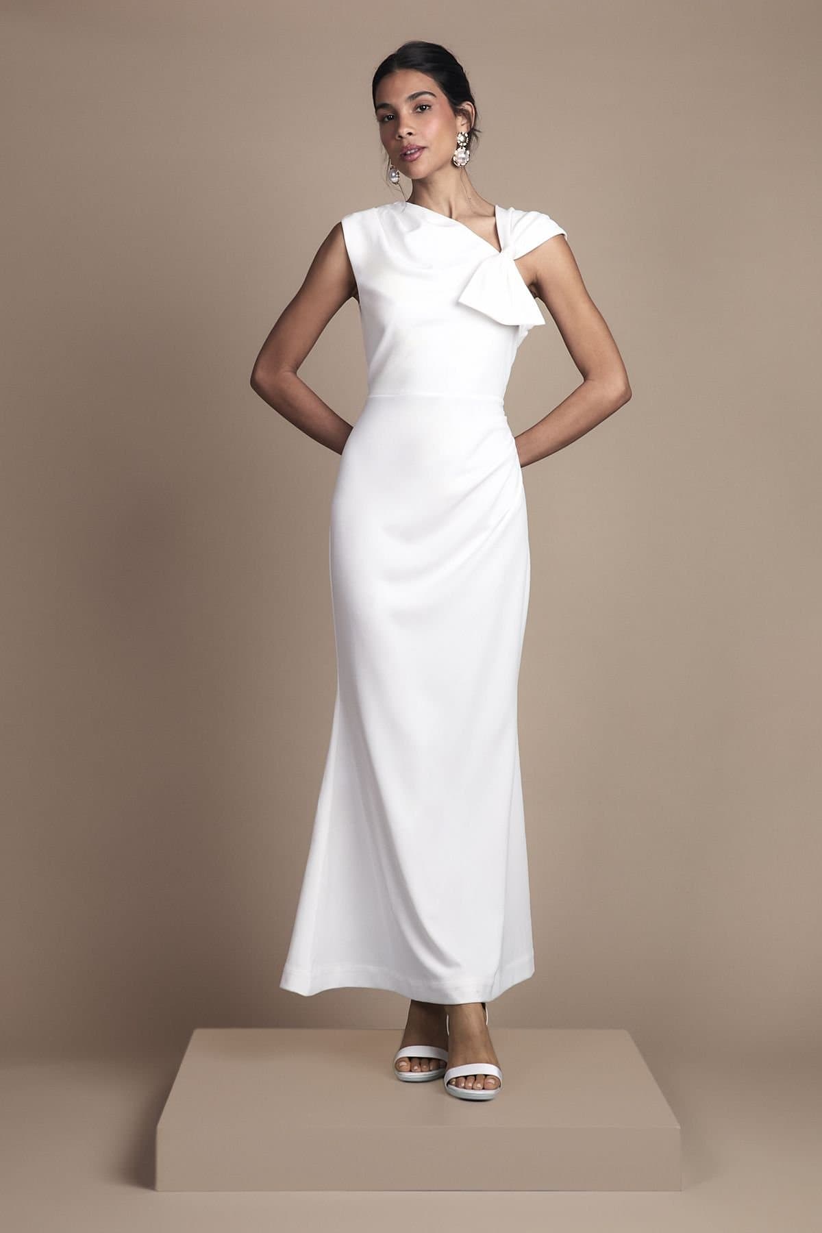 Coast Coast Women's Asymetric Neckline with Bow Detail Crepe Midi Wedding Dress in Ivory