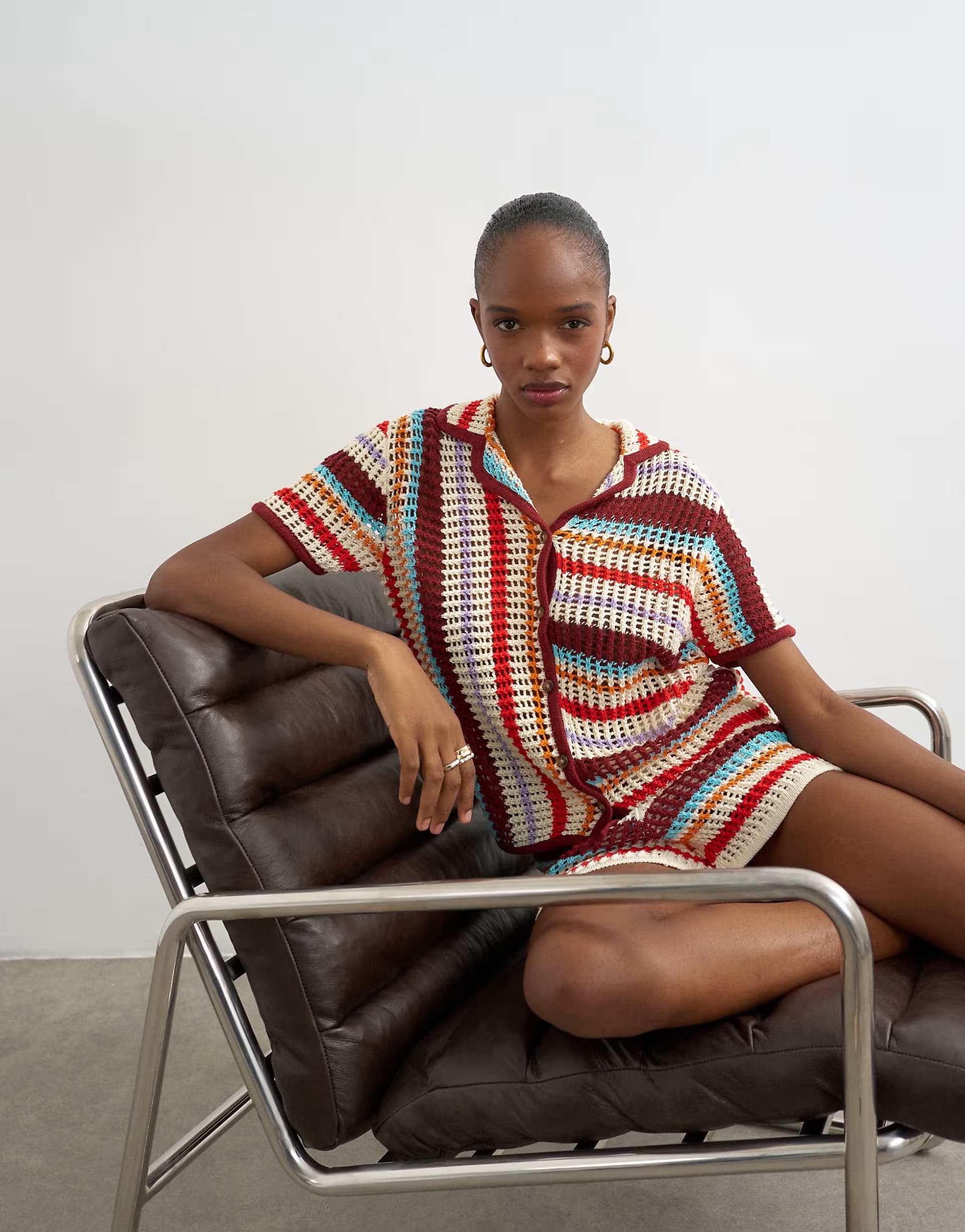 ASOS Topshop knitted crochet stripe co-ord shirt in burgundy