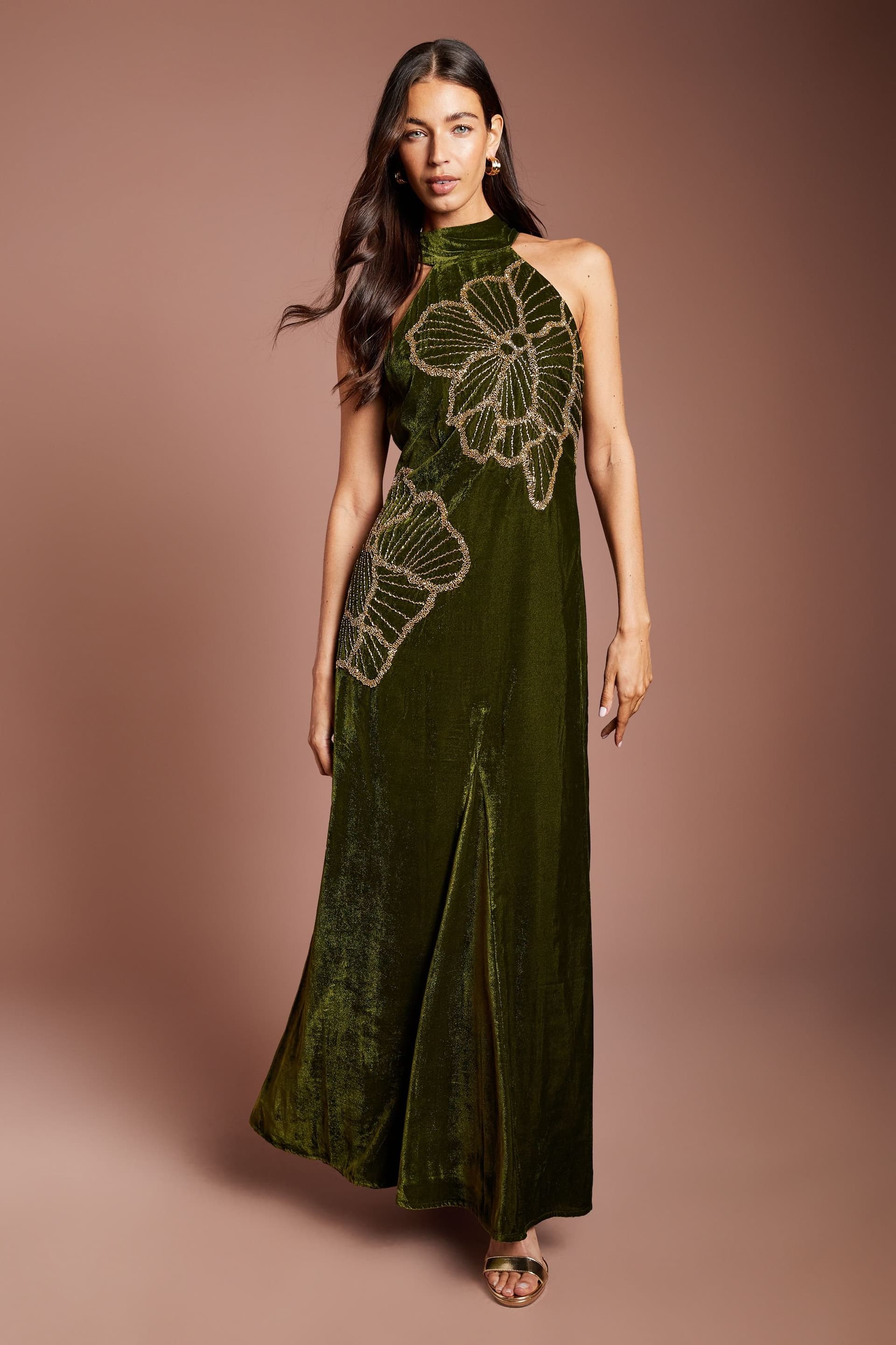 Coast Coast Women's Velvet Halter Neck Embellished Floral Maxi Dress in Olive