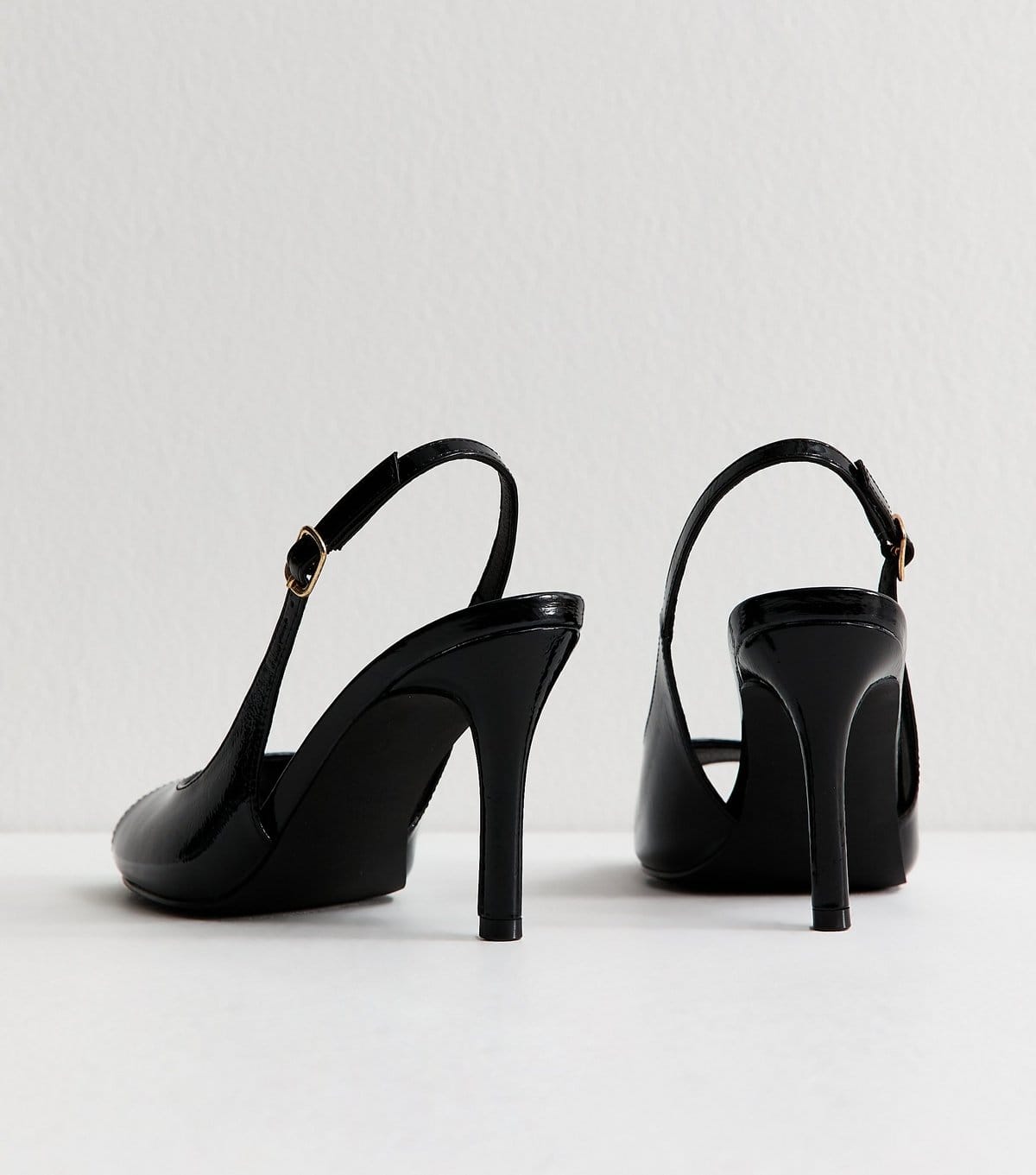 New Look Women's Black Faux Leather Patent Peep Toe Slingback Court Shoes Vegan New Look - 4