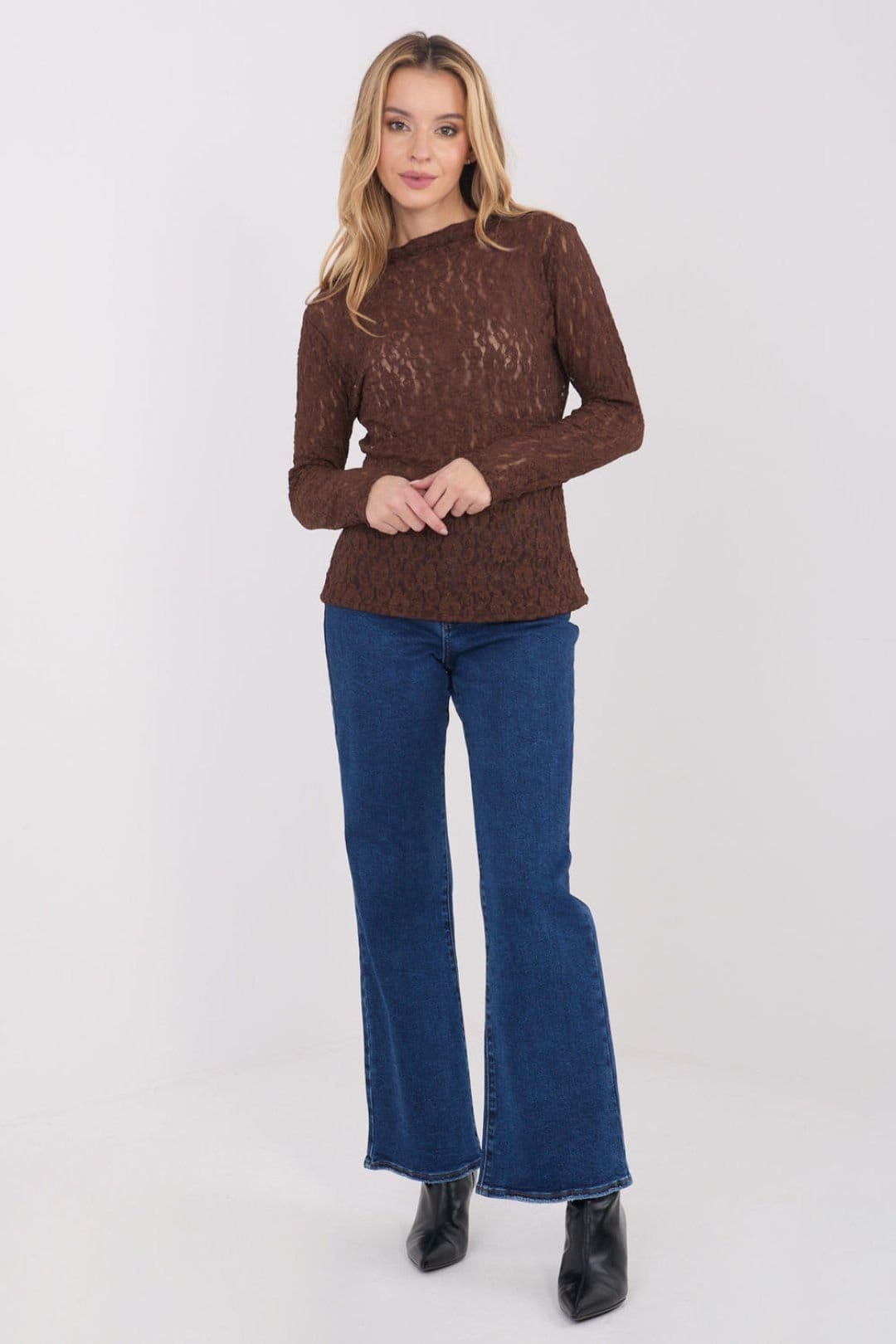 Love Lace Brown Lace Long Sleeve Boat Neck Blouse