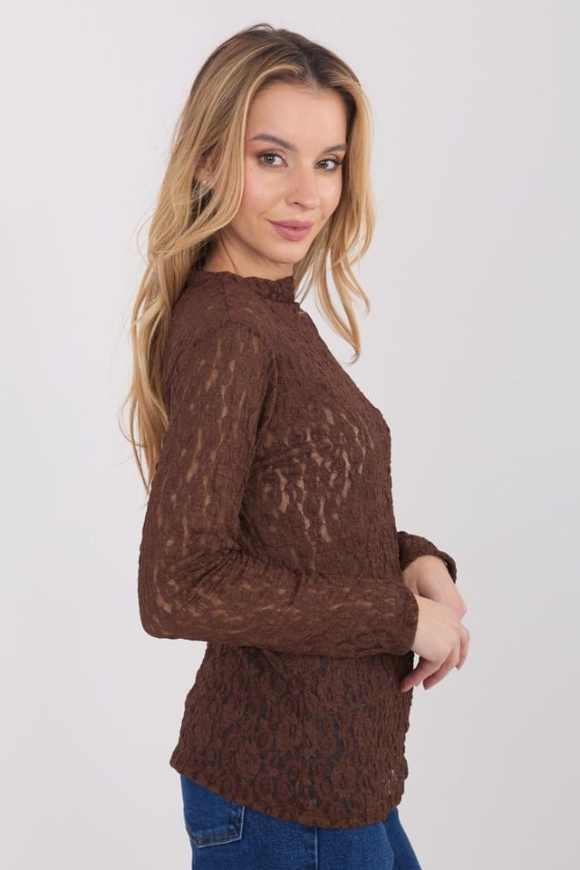 Love Lace Love Lace Women's Elegant Lace Long Sleeve Boat Neck Blouse Style 222755 in Brown - 2