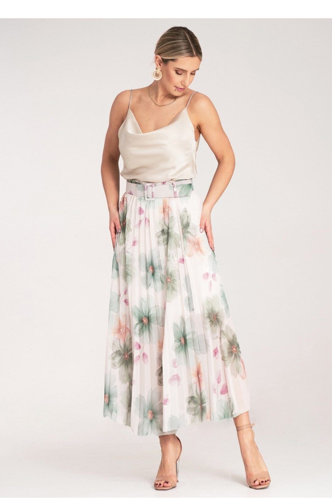 Love Lace White Floral High Waist Pleated Midi Skirt