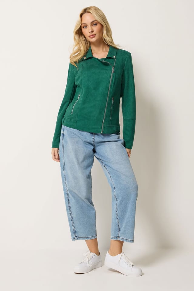 M&Co M&Co Women's Faux Suede Biker Jacket in Dark Green - 3