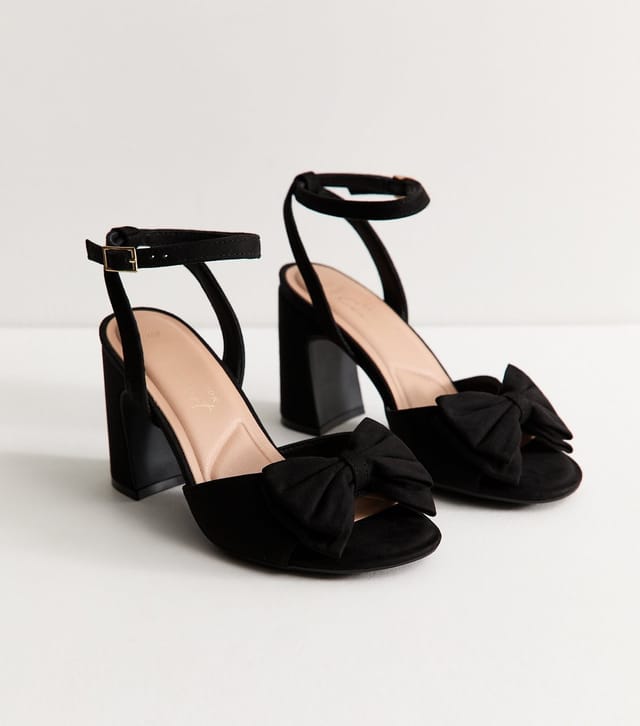 New Look Women's Wide Fit Black Faux Suede Bow Block Heel Sandals Vegan New Look - 2