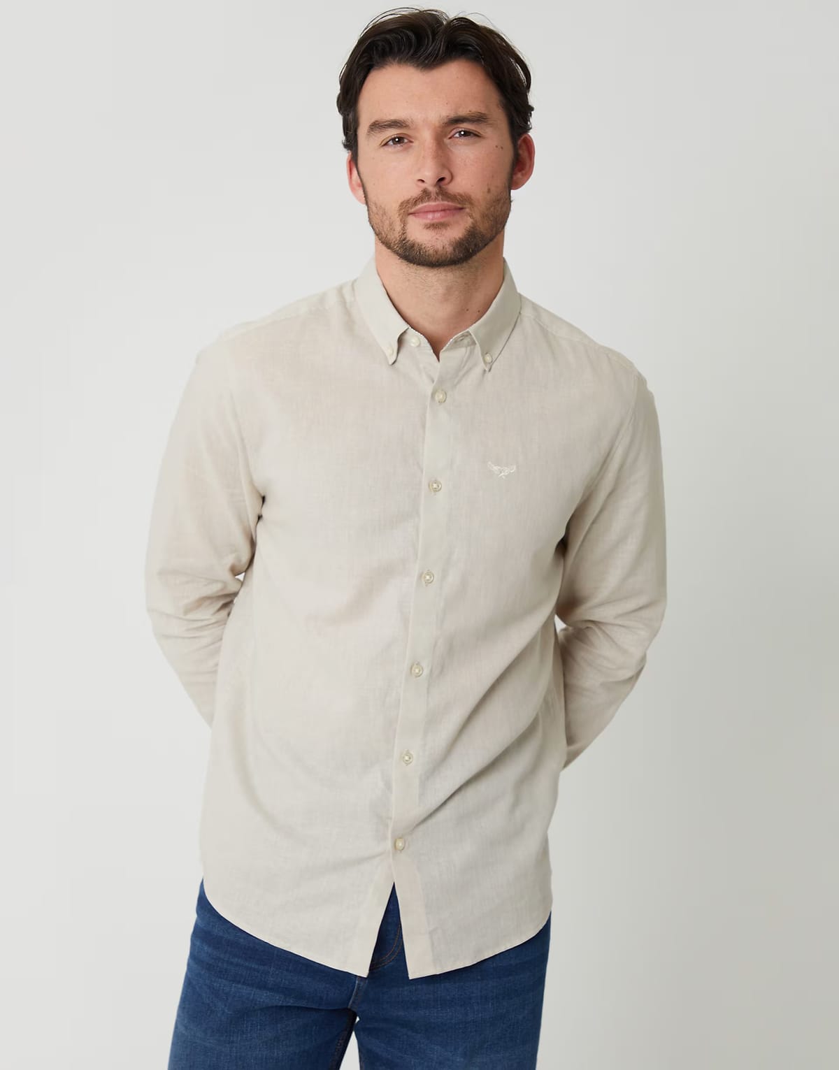 ASOS Threadbare Linen blend long sleeve shirt in light stone - 1