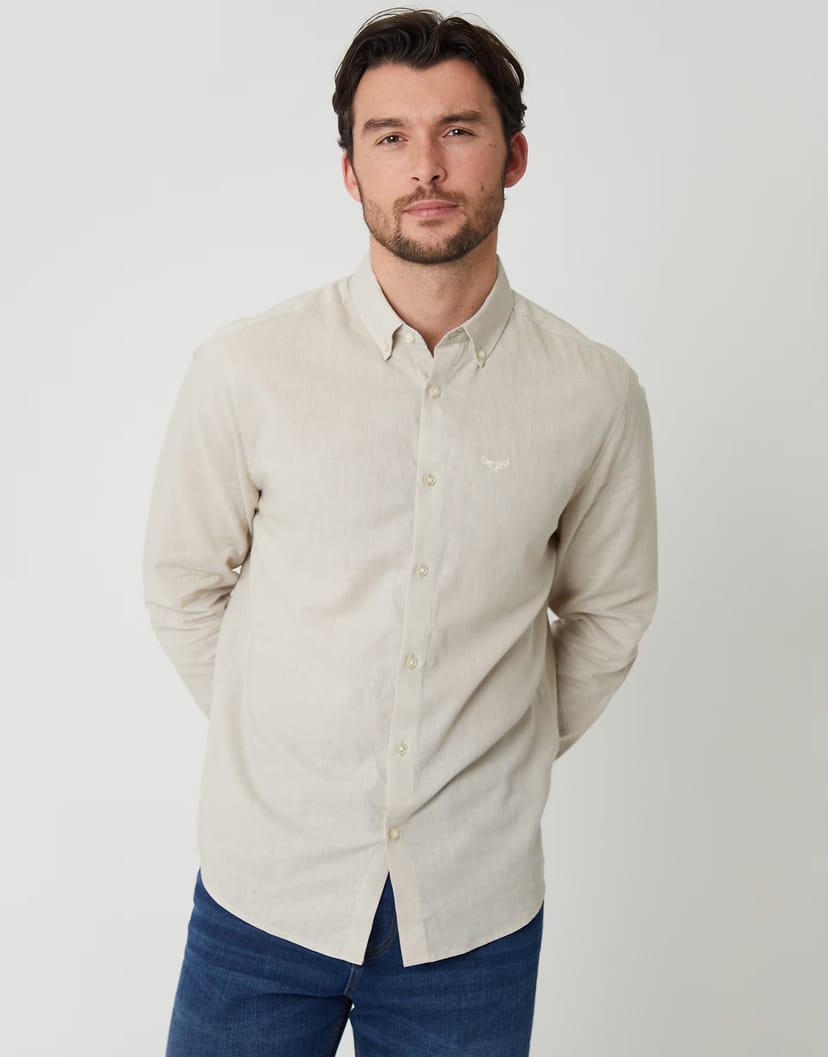 ASOS Threadbare Linen blend long sleeve shirt in light stone - 1