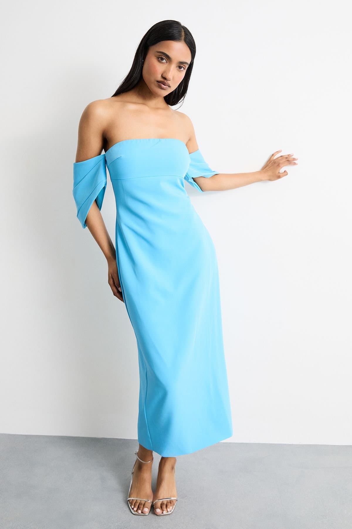 Warehouse Warehouse Women's Stretch Crepe Bardot Column Midi Dress in Blue