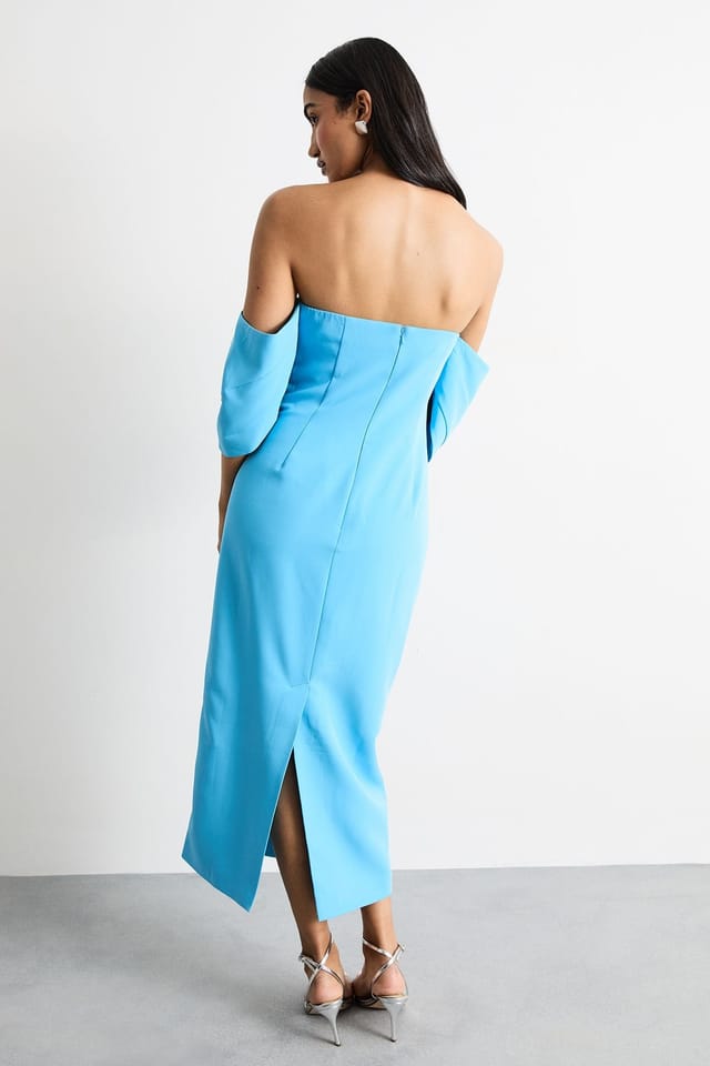 Warehouse Warehouse Women's Stretch Crepe Bardot Column Midi Dress in Blue - 3