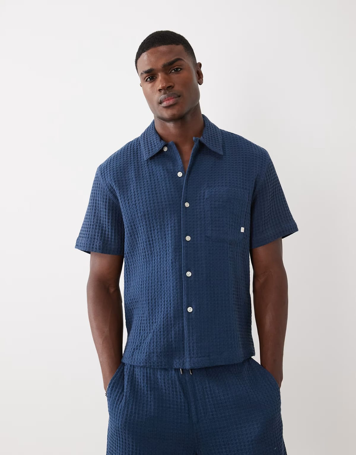 ASOS Farah Olsen co-ord short sleeve textured logo shirt in navy - 1