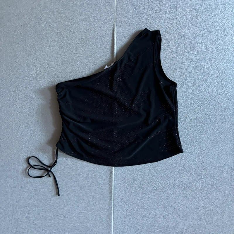 New Look Early 00's y2k New Look Glitter Embellished Ruched Gathered One Shoulder Asymmetric Top