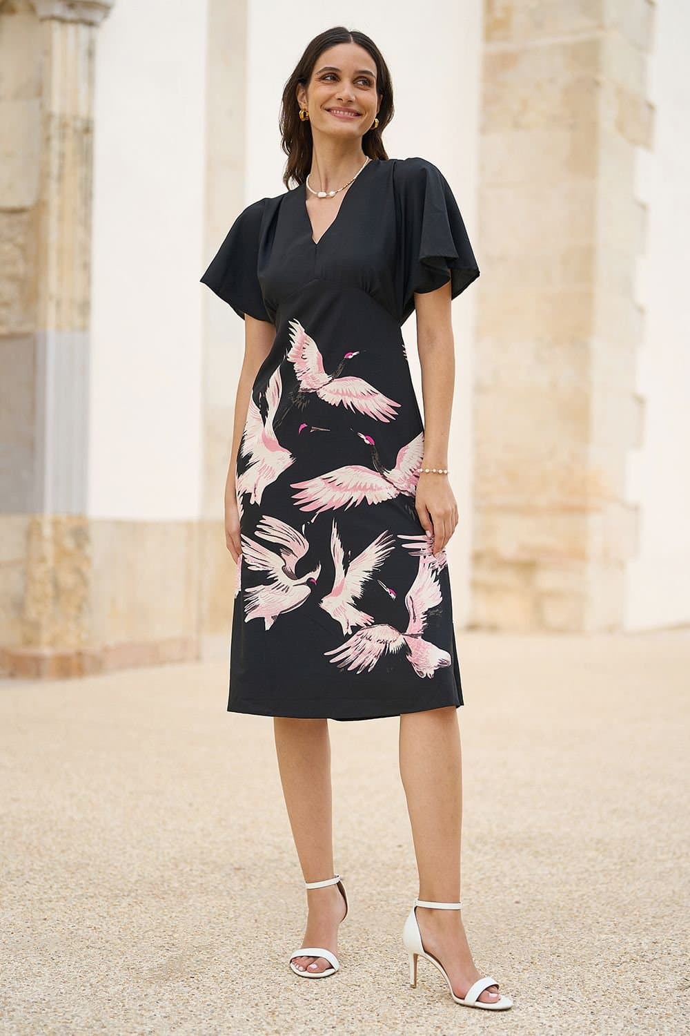 Yumi Yumi Women's Black Fabric Crane Print Kimono Midi Dress