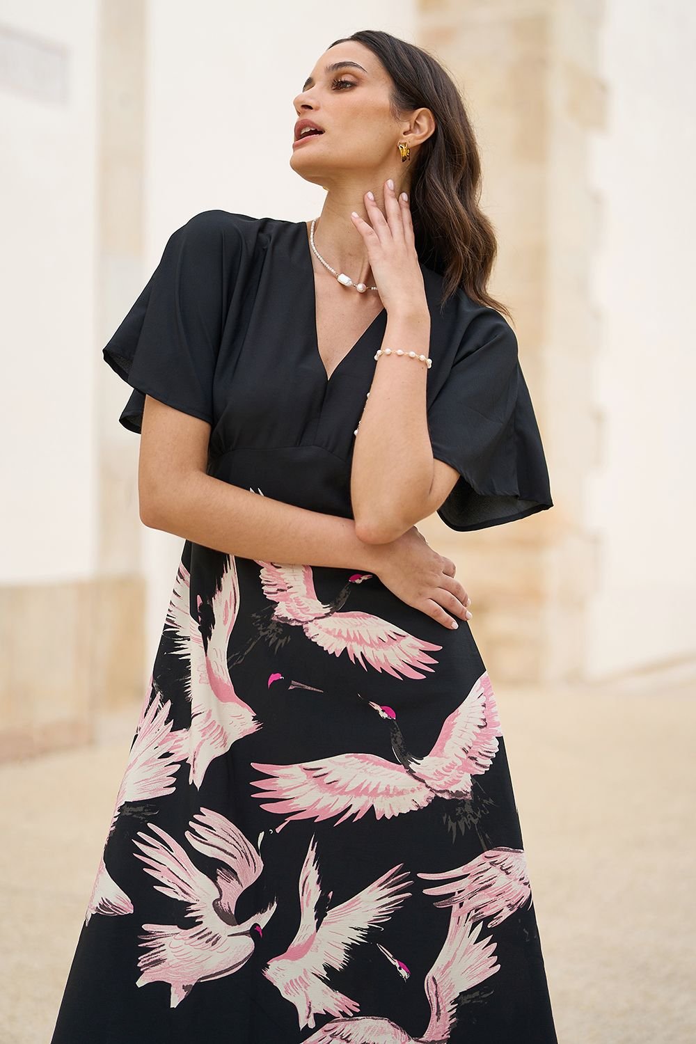 Yumi Yumi Women's Black Fabric Crane Print Kimono Midi Dress - 2