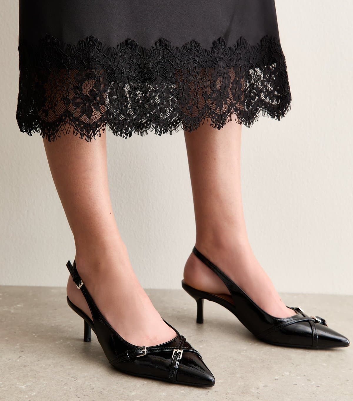 New Look Women's Black Buckle Detail Patent Slingback Court Shoes Vegan New Look