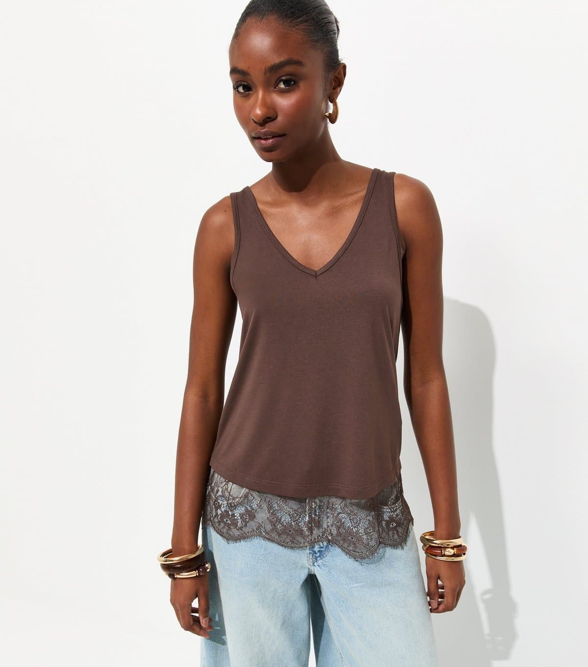 New Look Women's Brown Lace Trim Relaxed V-Neck Vest New Look