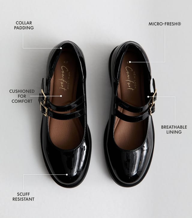 New Look Women's Black Patent Faux Leather Mary Jane Flats Vegan New Look - 2