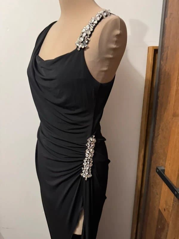 ASOS Design One-Shoulder Ruched Black Gown with Crystal Embellishments & High Slit train size 10