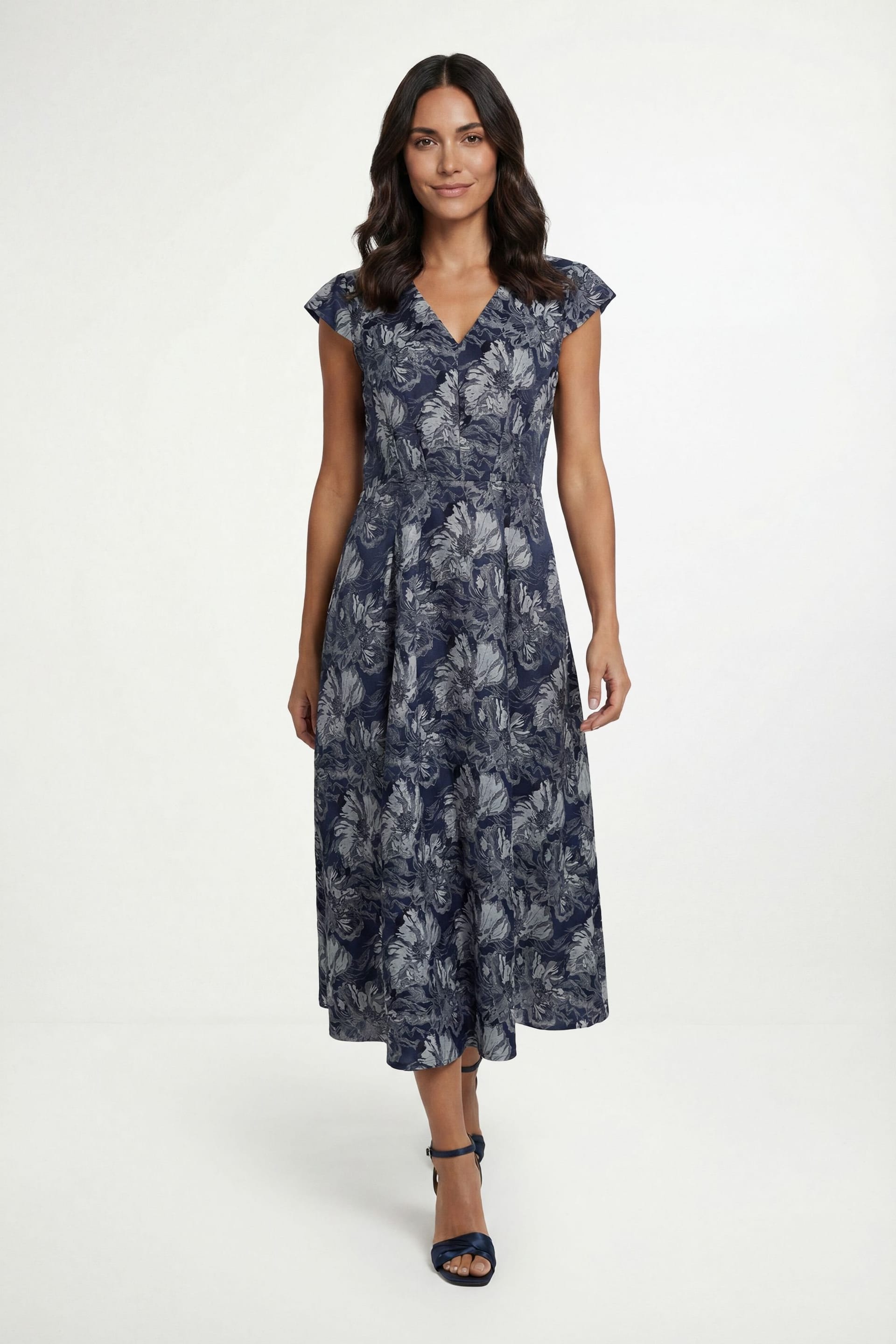 Wallis Navy Floral Jacquard Cap Sleeve Midi Dress