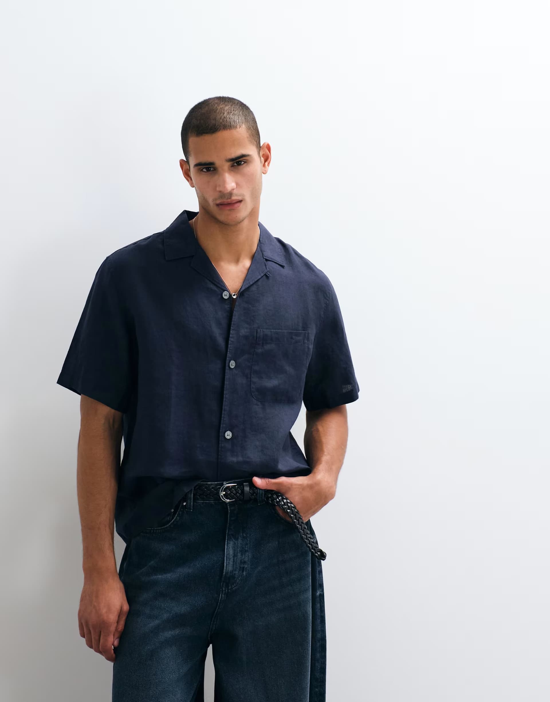 ASOS ARKET pure linen short sleeve resort shirt in navy blue