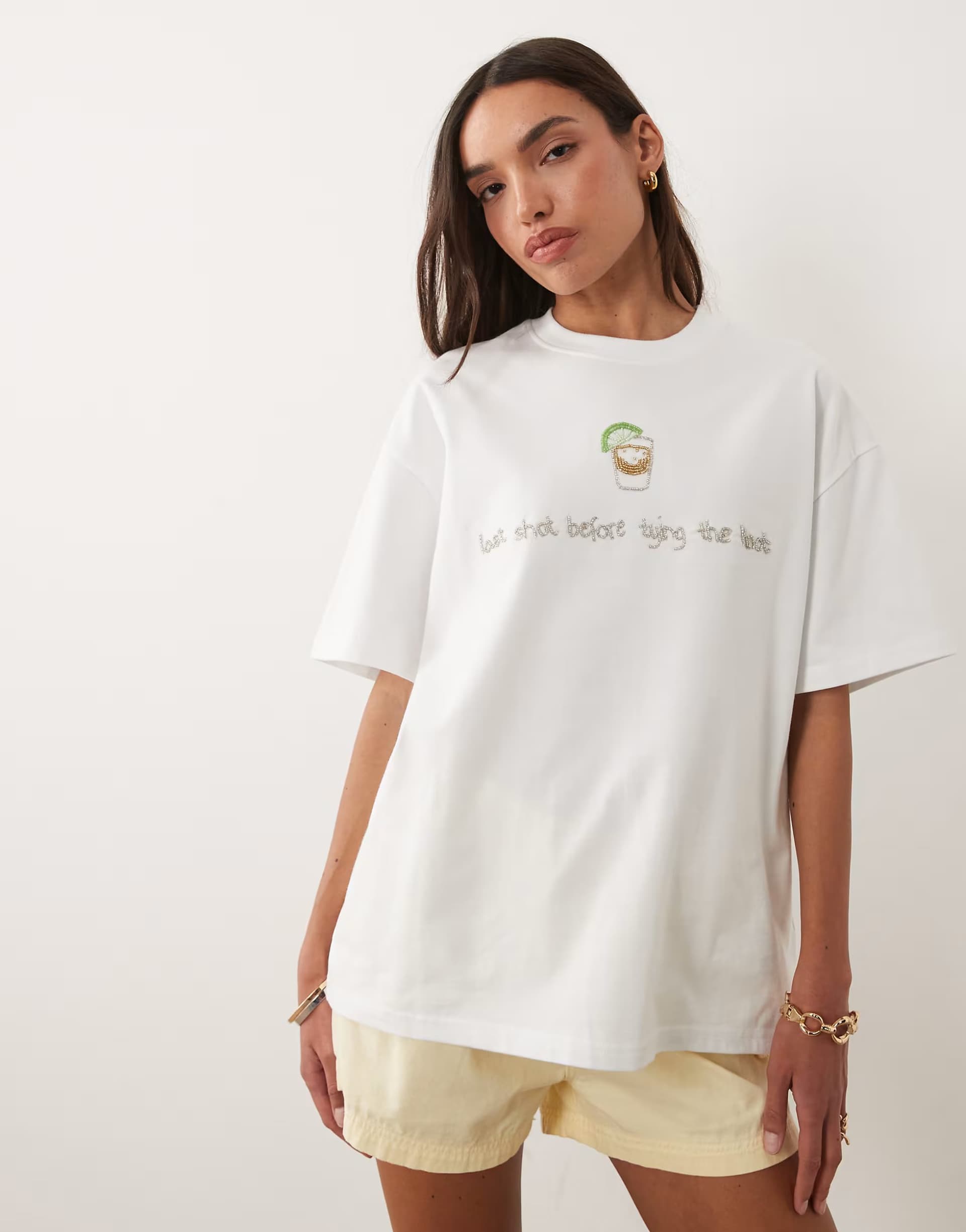 ASOS Six Stories Bridal embellished beaded ""last shot before tying the knot"" t-shirt in white