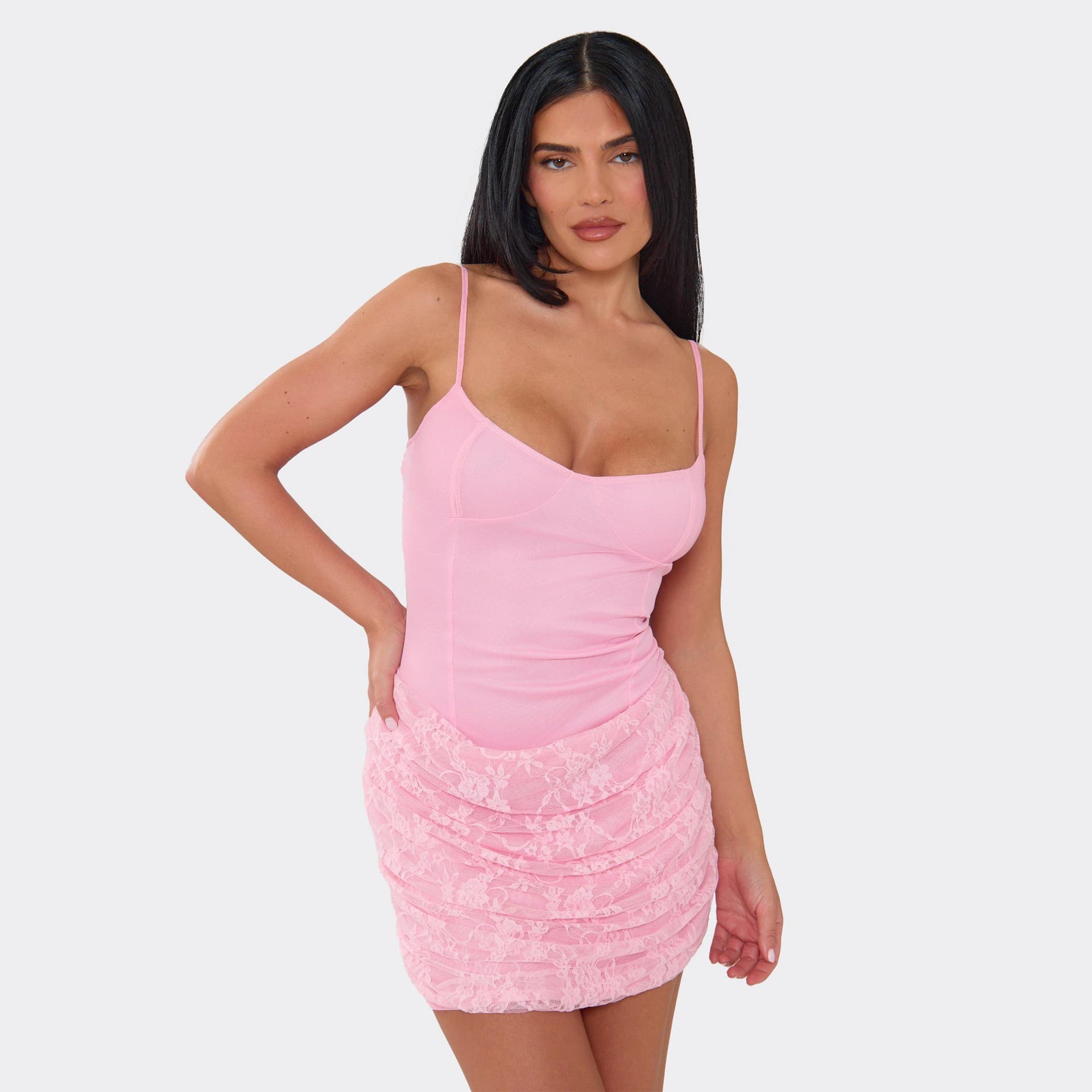 EGO Strappy Cupped Detail Contrast Lace Draped Panel Mini Dress In Baby Pink, Women's Size UK 6