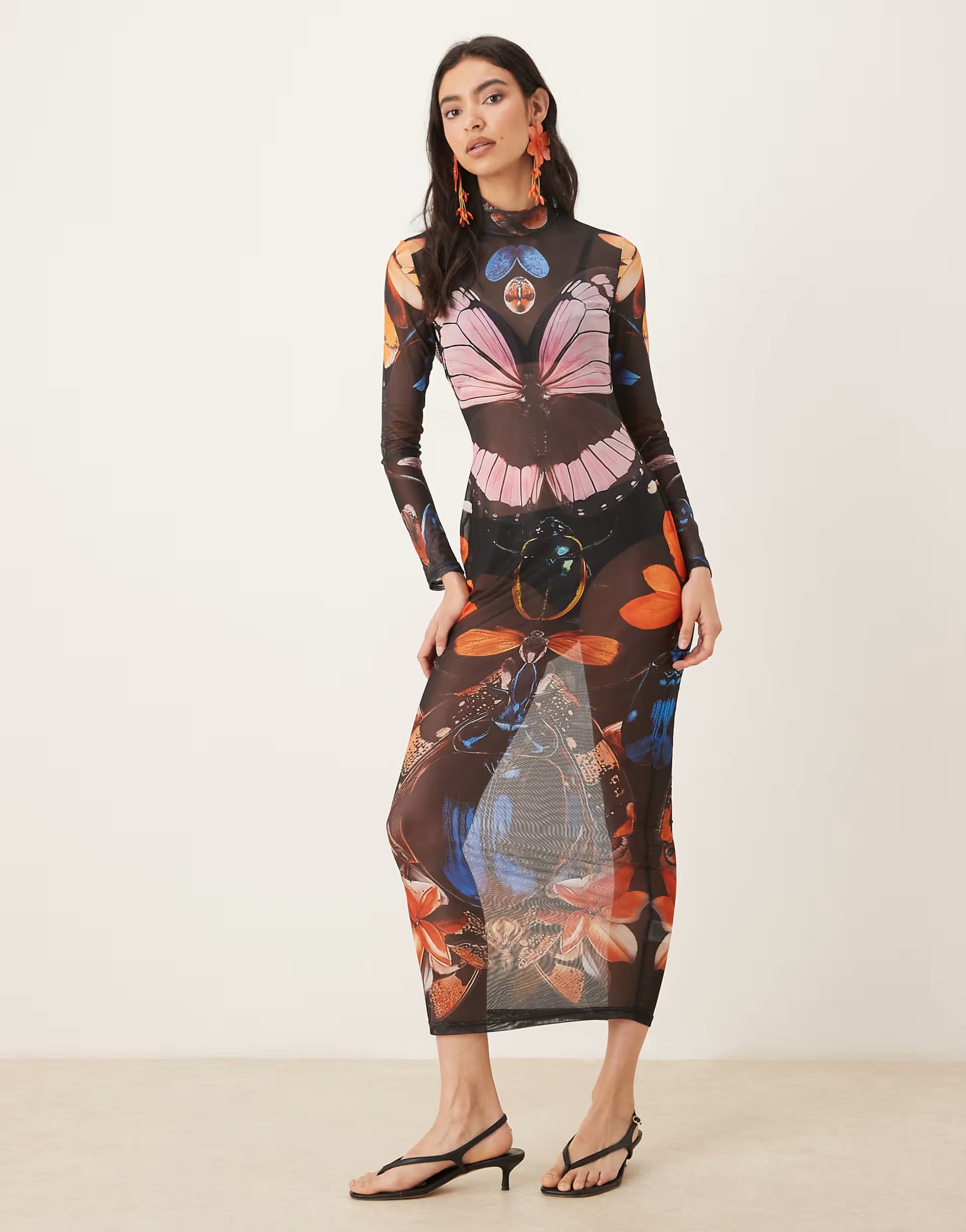 ASOS JW PEI sheer mesh long sleeve midaxi dress in black floral butterfly print