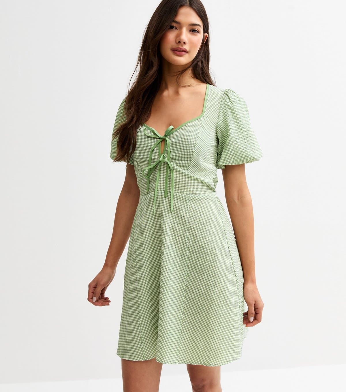 New Look Women's Green Gingham Tie Neck Mini Dress New Look