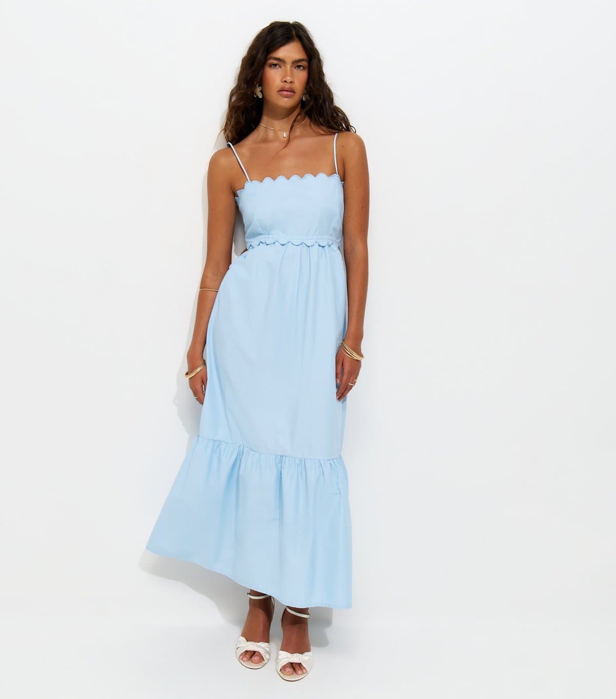 New Look Women's Light Blue Scalloped Edge Strappy Poplin Midi Dress New Look