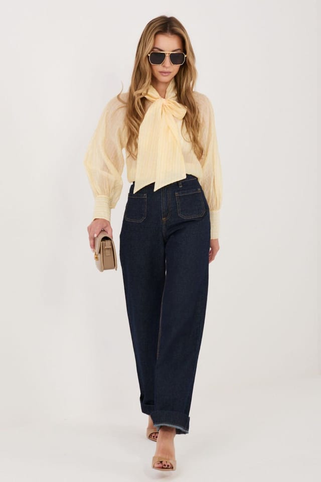 Love Lace Love Lace Women's Lyocell Blend Striped Tie Neck Long Sleeve Shirt in Yellow - 2