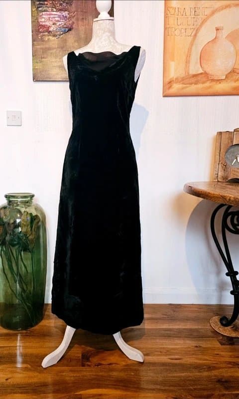 Laura Ashley 🌸Stunning Vintage 70s crushed velvet black evening cocktail maxi dress sizeS/M
