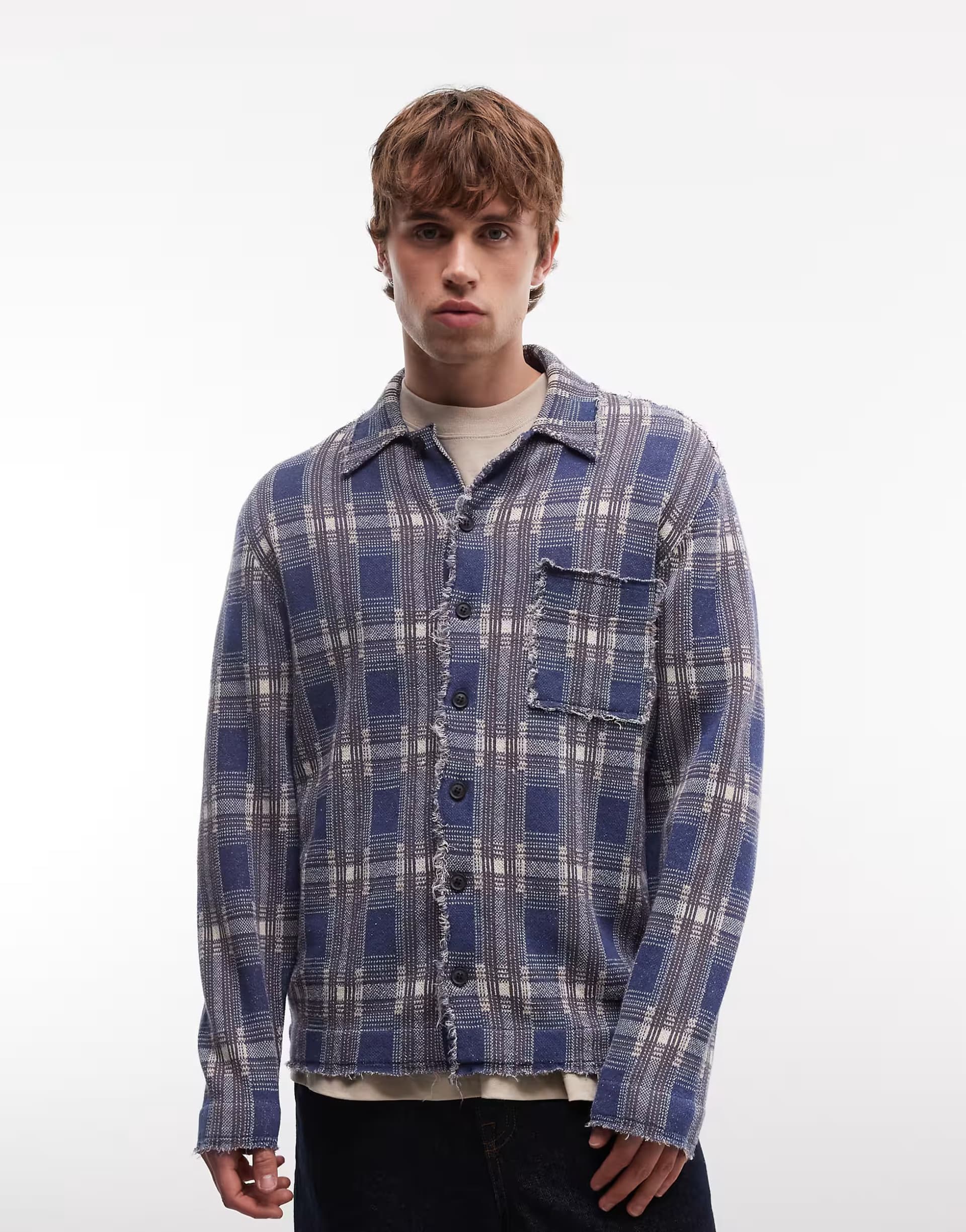 ASOS AllSaints Blue Check Long Sleeve Knitted Cardigan