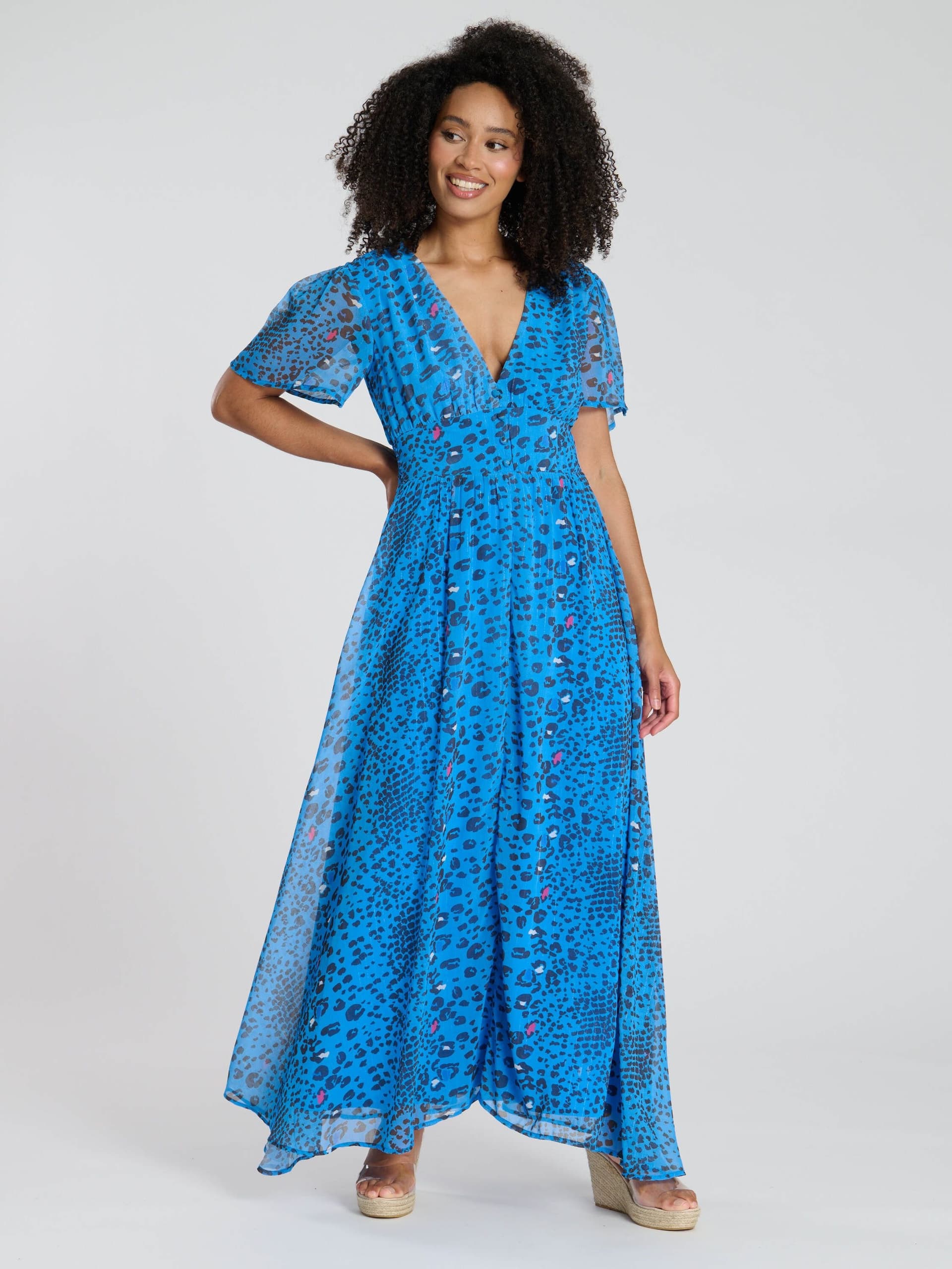 South Beach South Beach Women's Printed Metallic Chiffon Button Detail Midi Dress in Blue